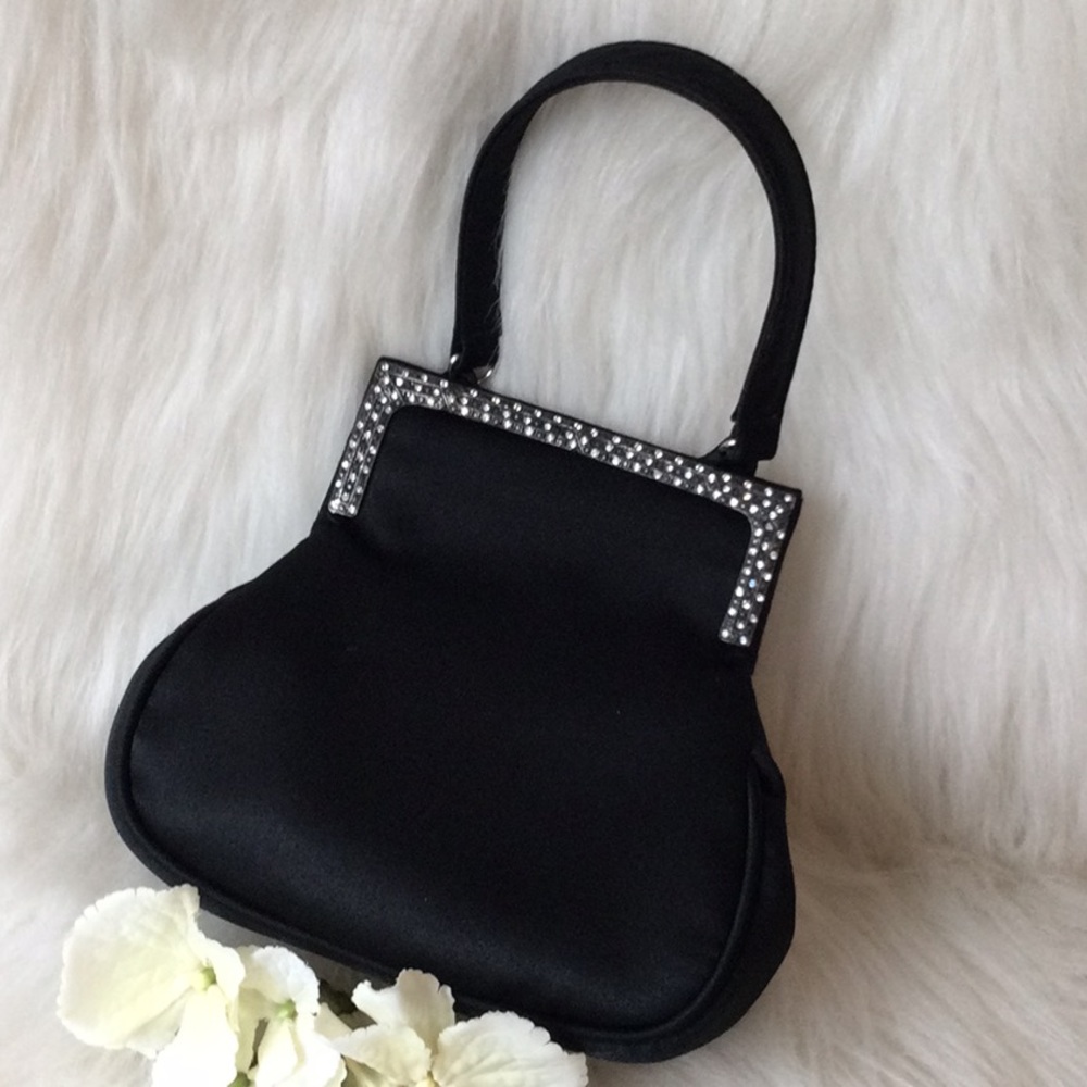 Lord & Taylor Black Satin Rhinestone Trim Evening Clutch - Picture 2 of 6